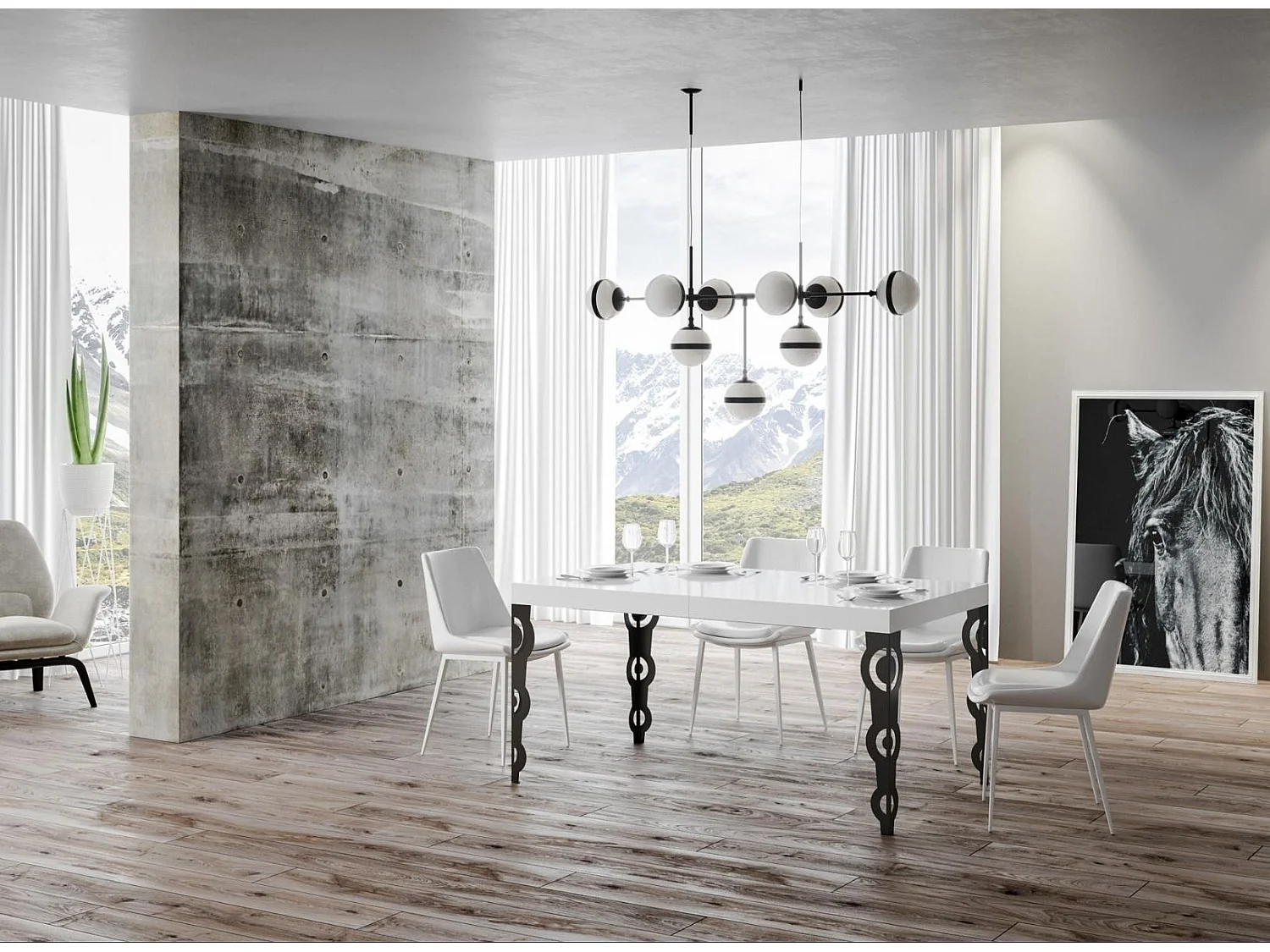 Mesa oriental rectangular extensible para 6 a 10 personas L 160 a 264 cm blanco brillo y ...