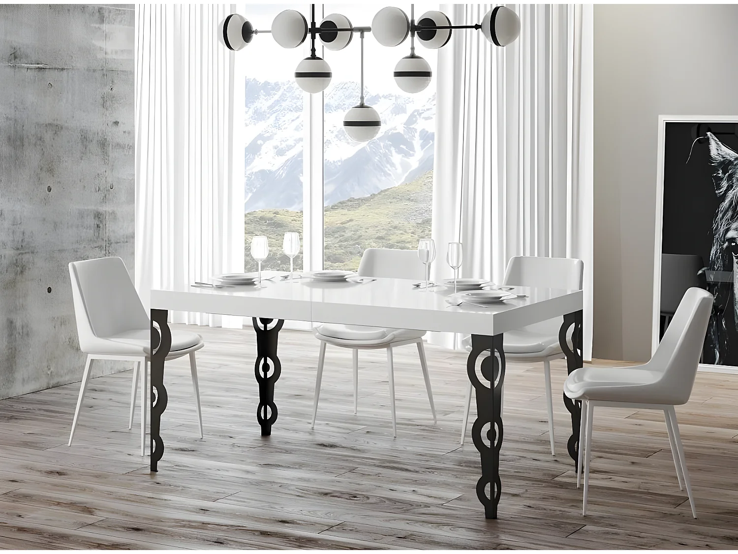 Table rectangulaire extensible orientale 6 à 10 personnes L 160 à 264cm blanc laqué et pieds métal anthracite Kazay