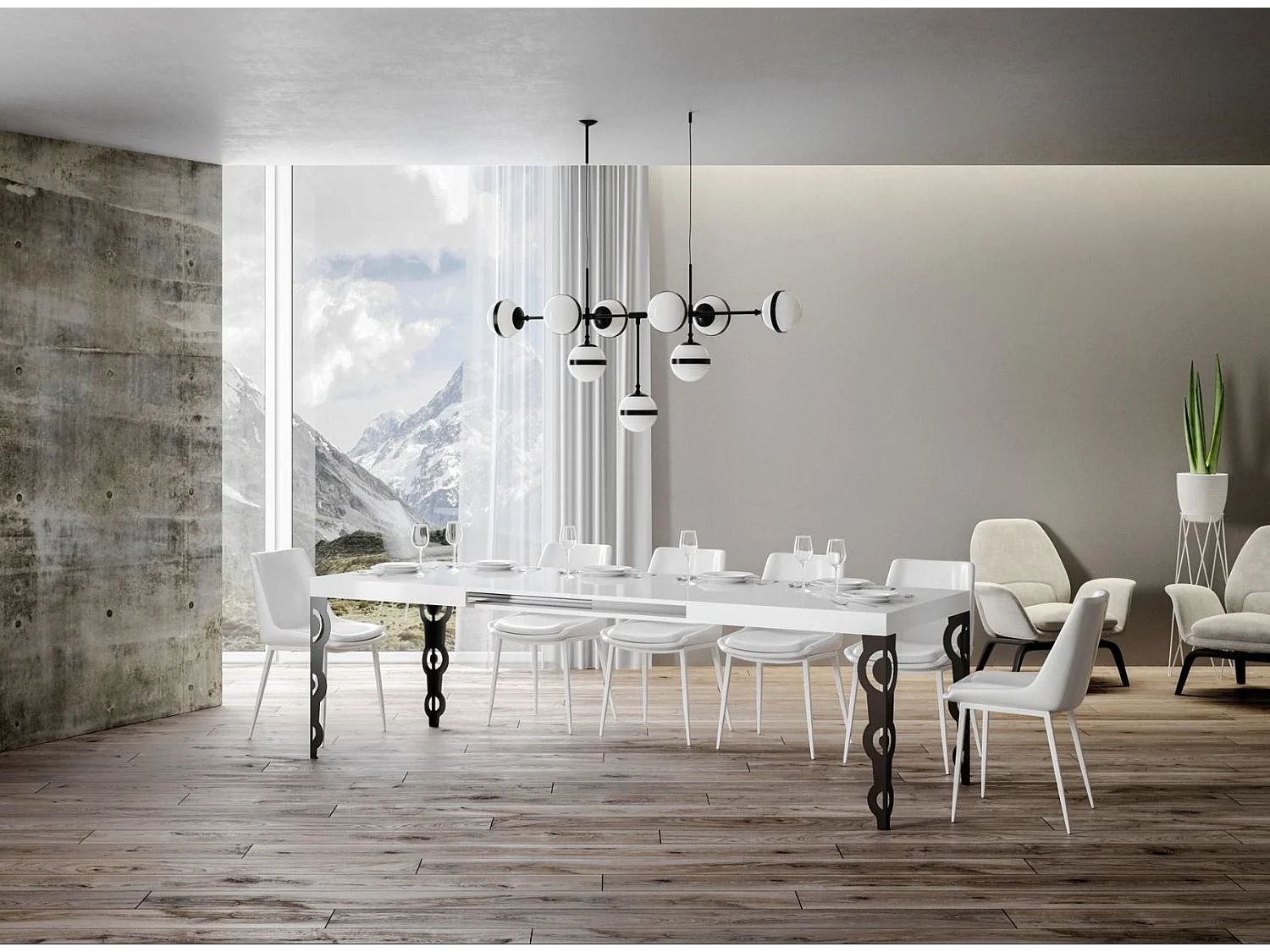 Table rectangulaire extensible orientale 6 à 10 personnes L 160 à 264cm blanc laqué et pieds métal anthracite Kazay