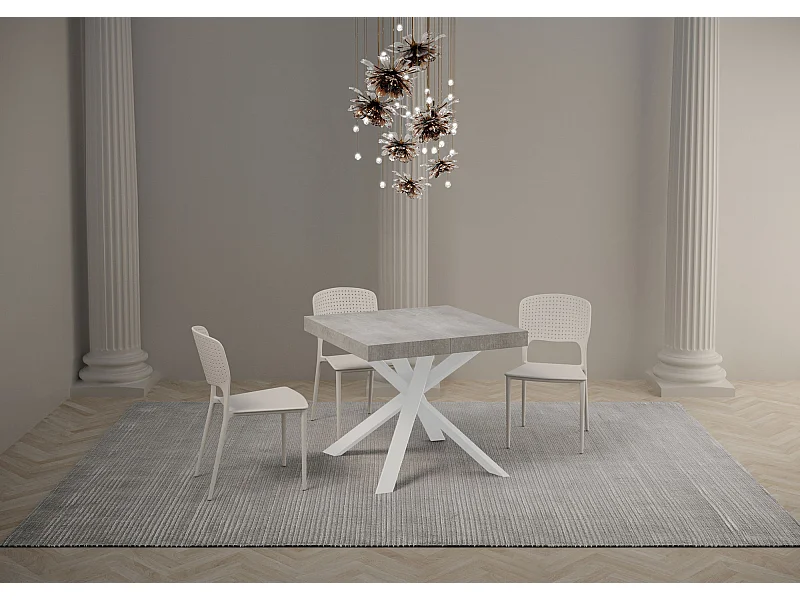 Kleine vierkante uitschuifbare tafel 90x90 tot 194 cm cementgrijs en wit Karzy