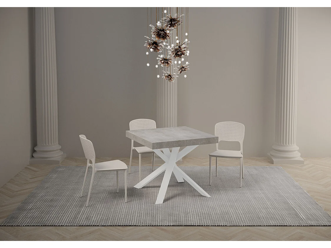 Mesa extensible cuadrada pequeña 90x90/194 cm patas acero blanco Karzy-Color Gris cemento