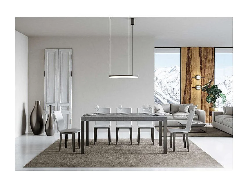 Mesa de comedor extensible Karry-Color Gris cemento-Soporte 4 pies-Ancho extensible