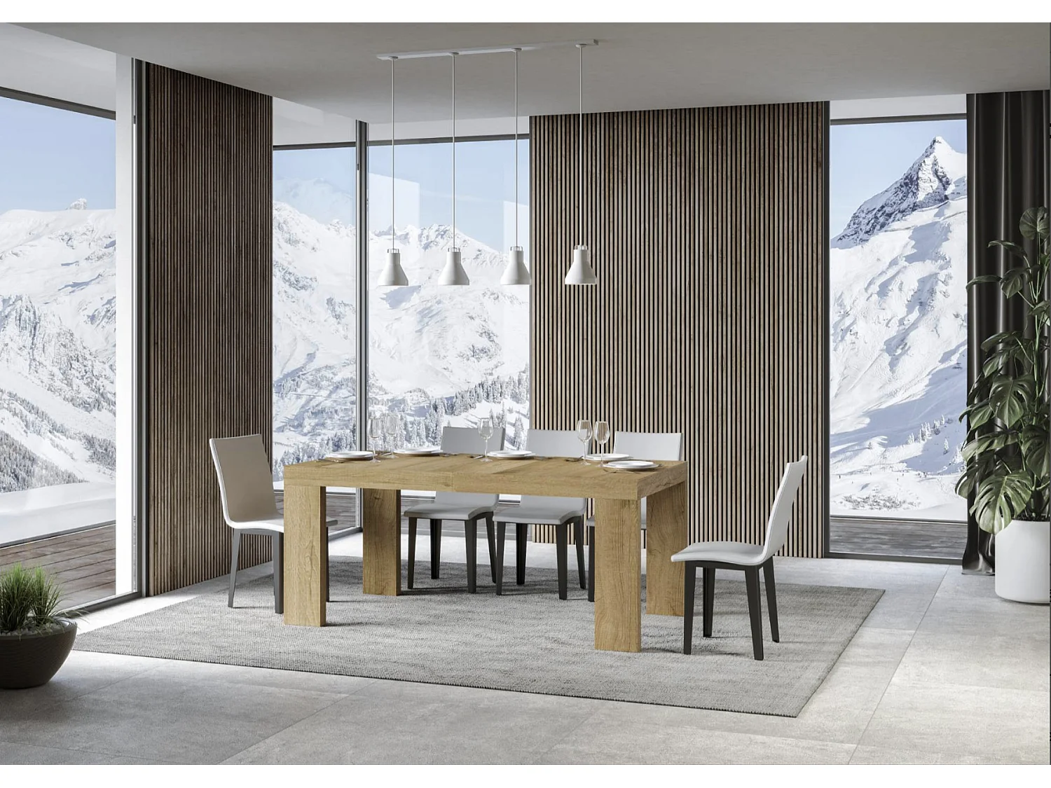 Table à manger extensible bois Ribo-Couleur Gris ciment-4 pieds-5 rallonges fines-160 à 420cm