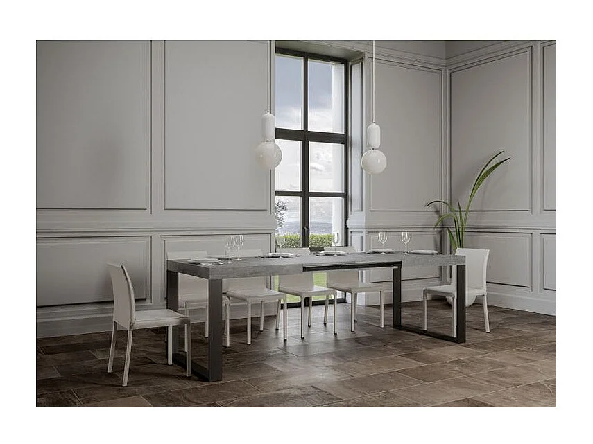 Mesa de comedor extensible tiroz-Color Gris cemento-Soporte 4 pies-5 alargaderas finas-Ancho extensible