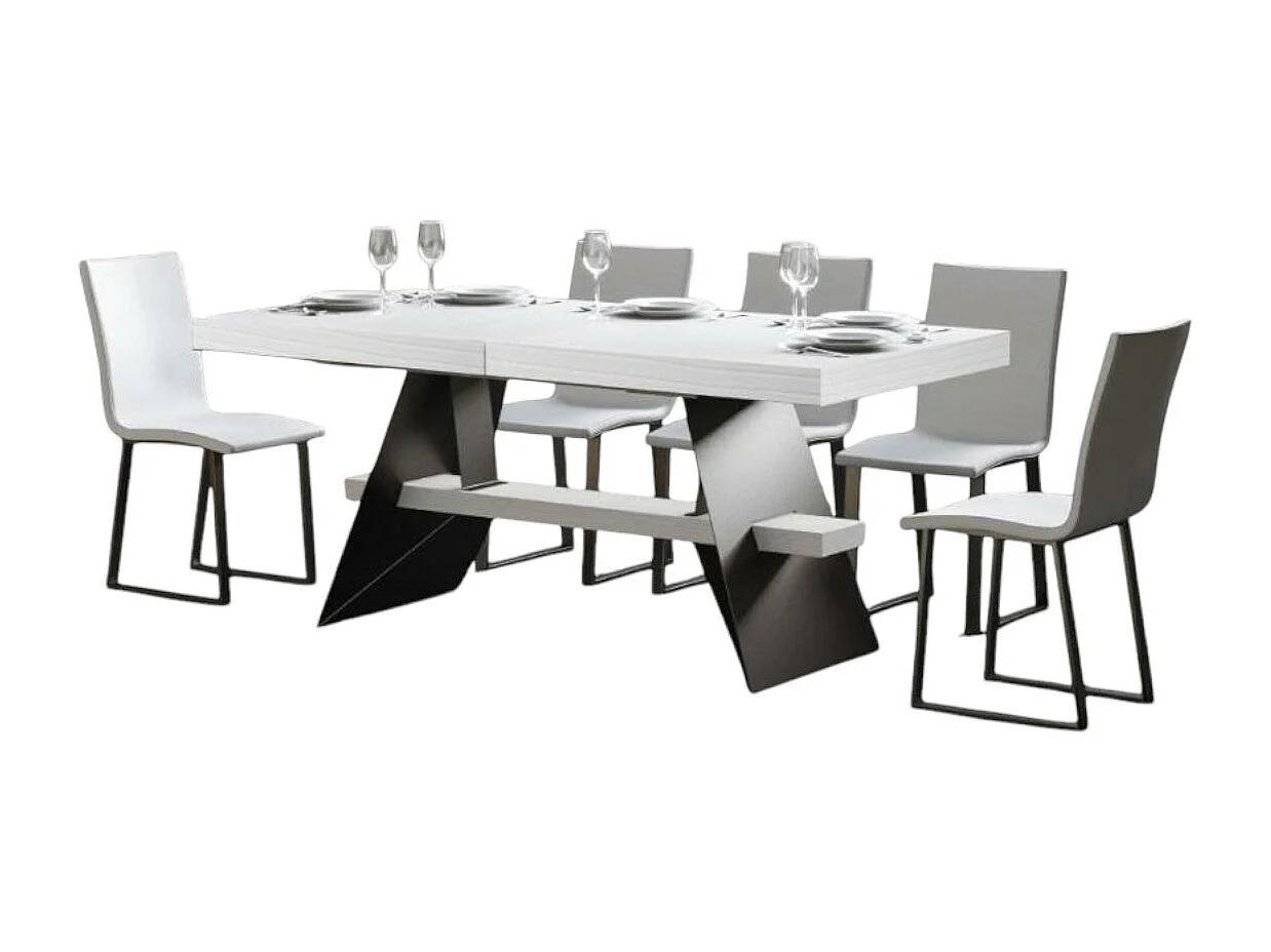 Table à rallonges 8 à 14 places bois blanc et pieds acier gris foncé 180 à 284cm Klaro