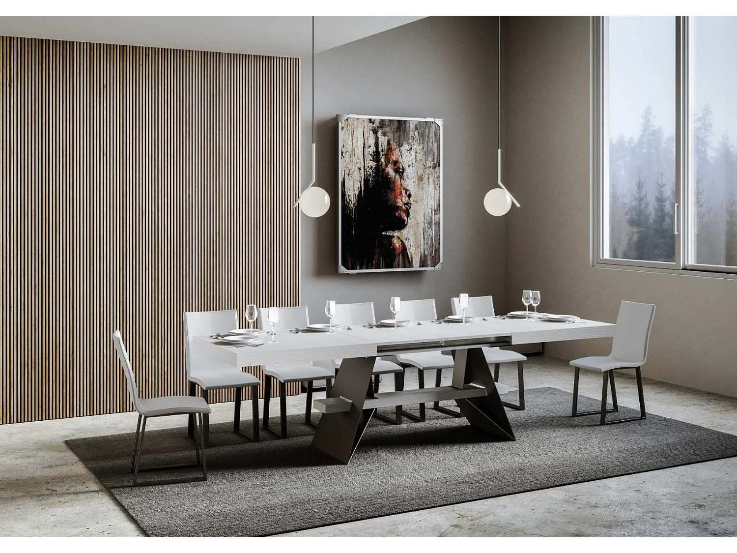 Table à rallonges 8 à 14 places bois blanc et pieds acier gris foncé 180 à 284cm Klaro