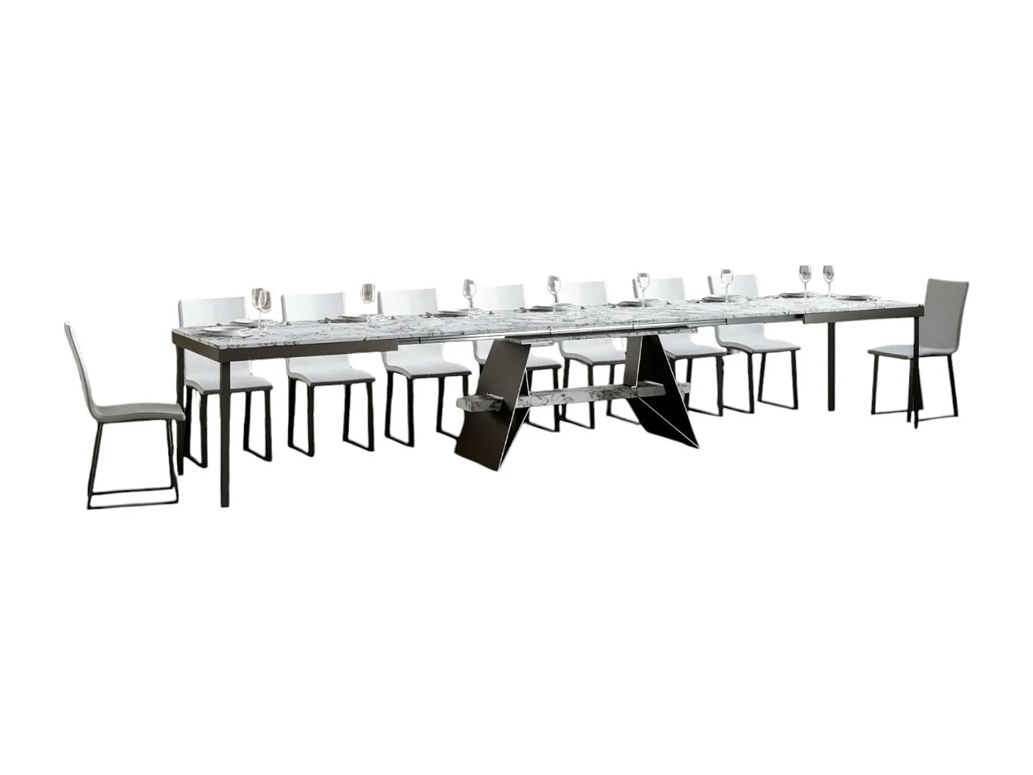 Grande table à rallonges 8 à 20 places blanc effet marbre avec un cadre et des pieds acier gris foncé 180 à 440cm Borys