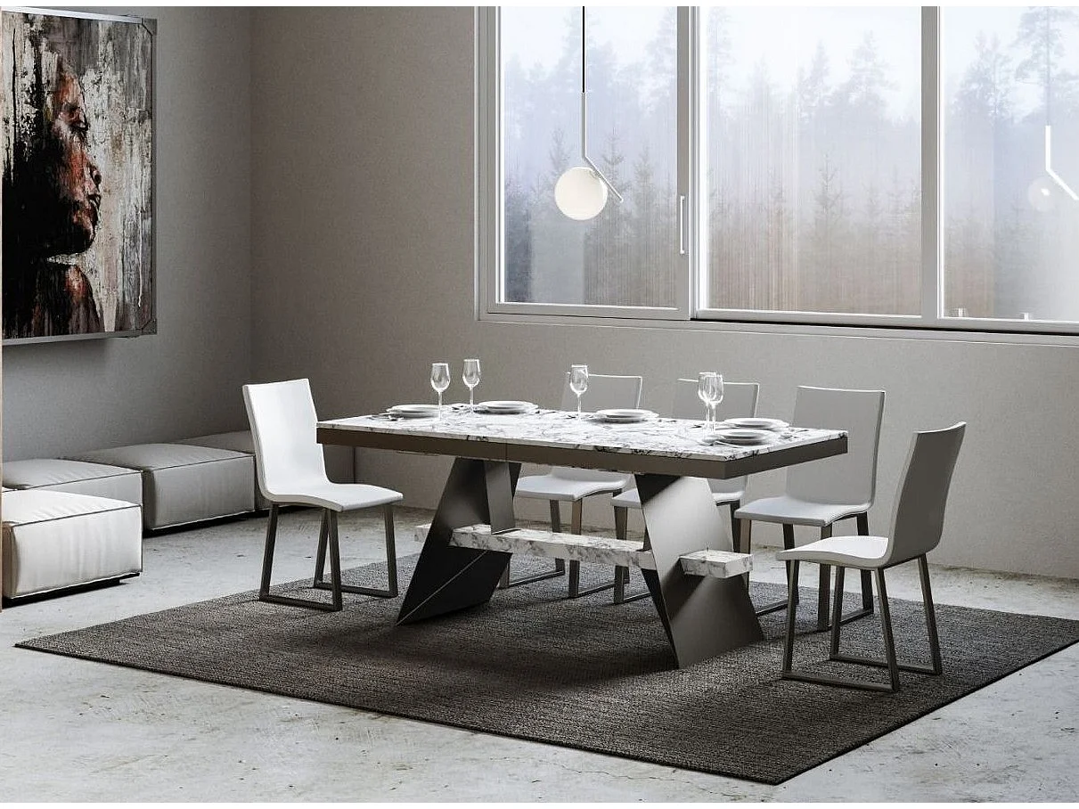 Grande table à rallonges 8 à 20 places blanc effet marbre avec un cadre et des pieds acier gris foncé 180 à 440cm Borys