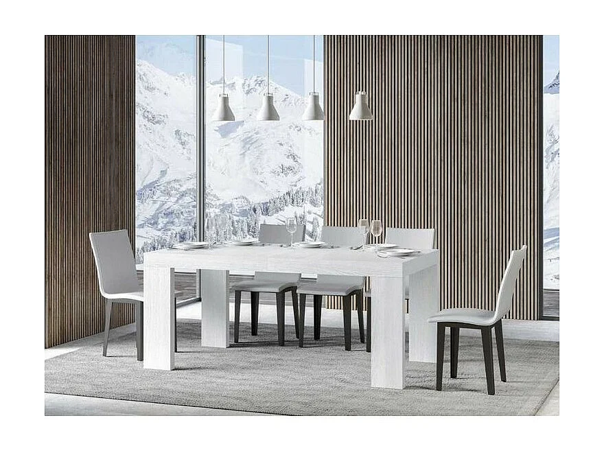 Table à manger extensible bois Ribo-Couleur Blanc-4 pieds-5 rallonges fines-180 à 440cm