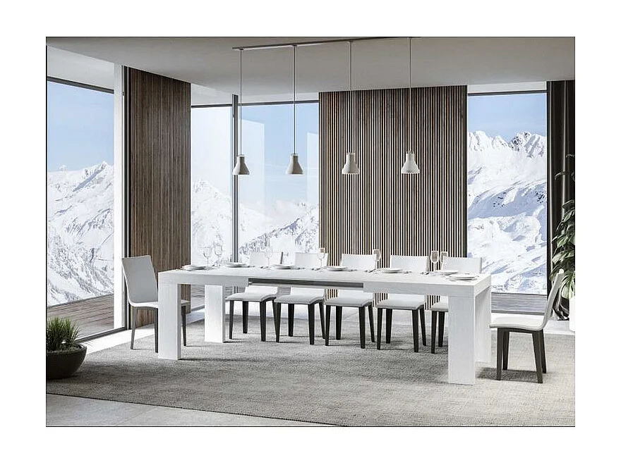 Rechthoekige uitschuifbare tafel 180 tot 440 cm witte essen Ribo-Steun 4 voet