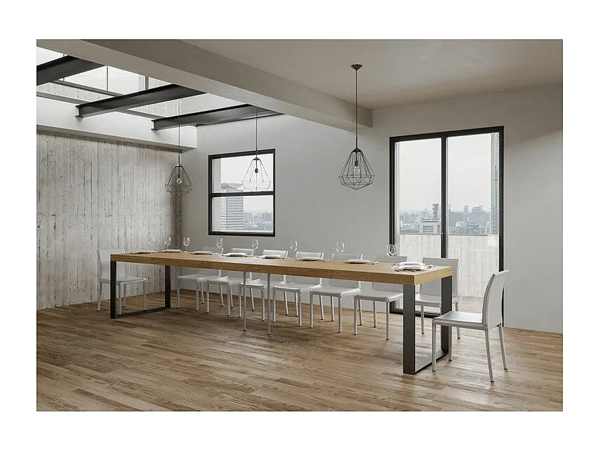 Table à manger extensible Tiroz-Couleur Naturel-2 pieds-5 rallonges épaisses-180 à 440cm