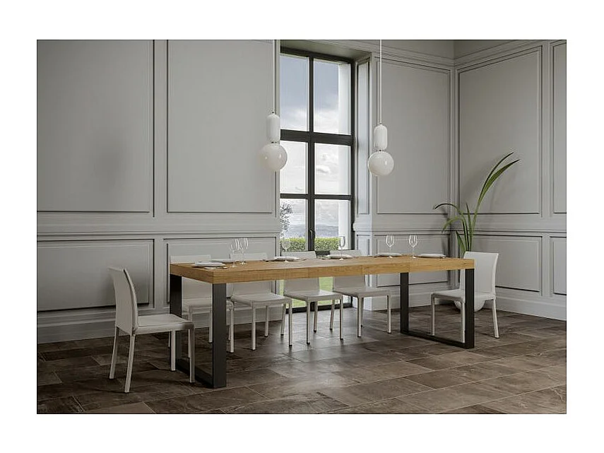 Table à manger extensible Tiroz-Couleur Naturel-2 pieds-5 rallonges épaisses-180 à 440cm