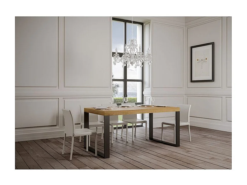 Table à manger extensible Tiroz-Couleur Naturel-2 pieds-5 rallonges épaisses-180 à 440cm