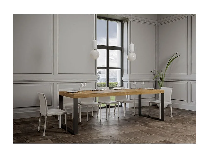 Grote uitschuifbare tafel 180 tot 440 cm licht hout en antraciet metalen poten Tiroz-Steun 2 voet-Verlengsnoeren 5 dikke extensies