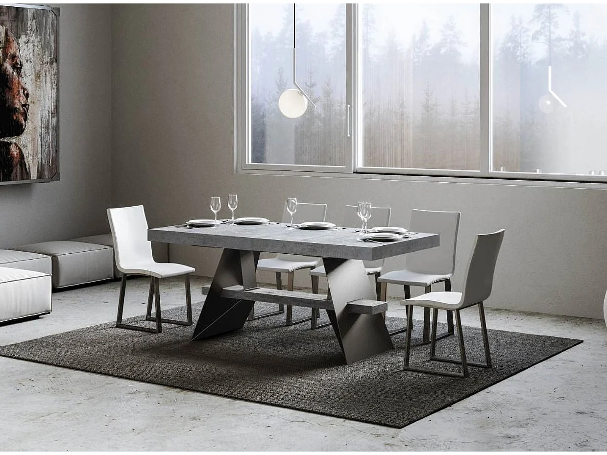 Table à rallonges 8 à 14 places bois gris effet béton et pieds acier gris foncé 180 à 284cm Klaro