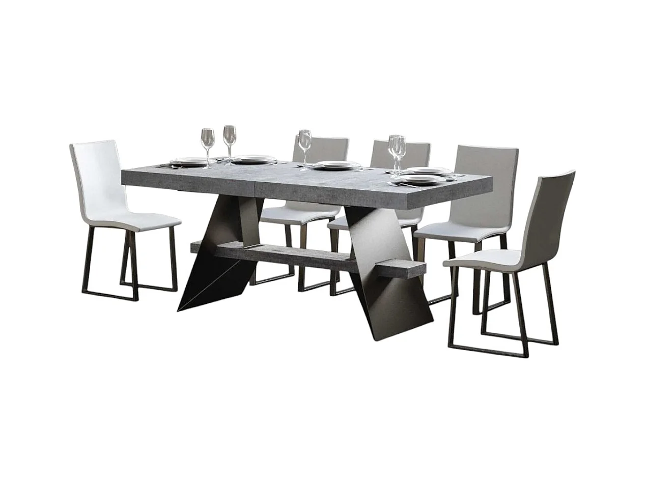 Table à rallonges 8 à 14 places bois gris effet béton et pieds acier gris foncé 180 à 284cm Klaro