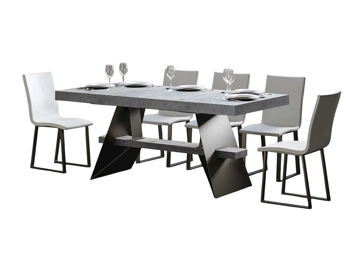 Table à rallonges 8 à 14 places bois gris effet béton et pieds acier gris foncé 180 à 284cm Klaro