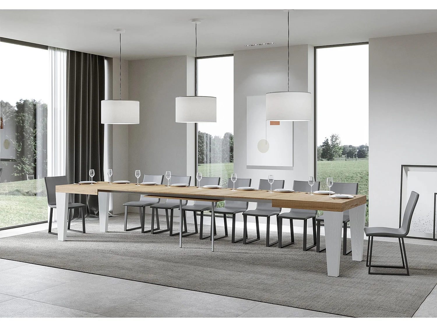 Table extensible blanche et pieds chêne naturel 6 à 20 places Kristo 180 à 440cm-4 pieds