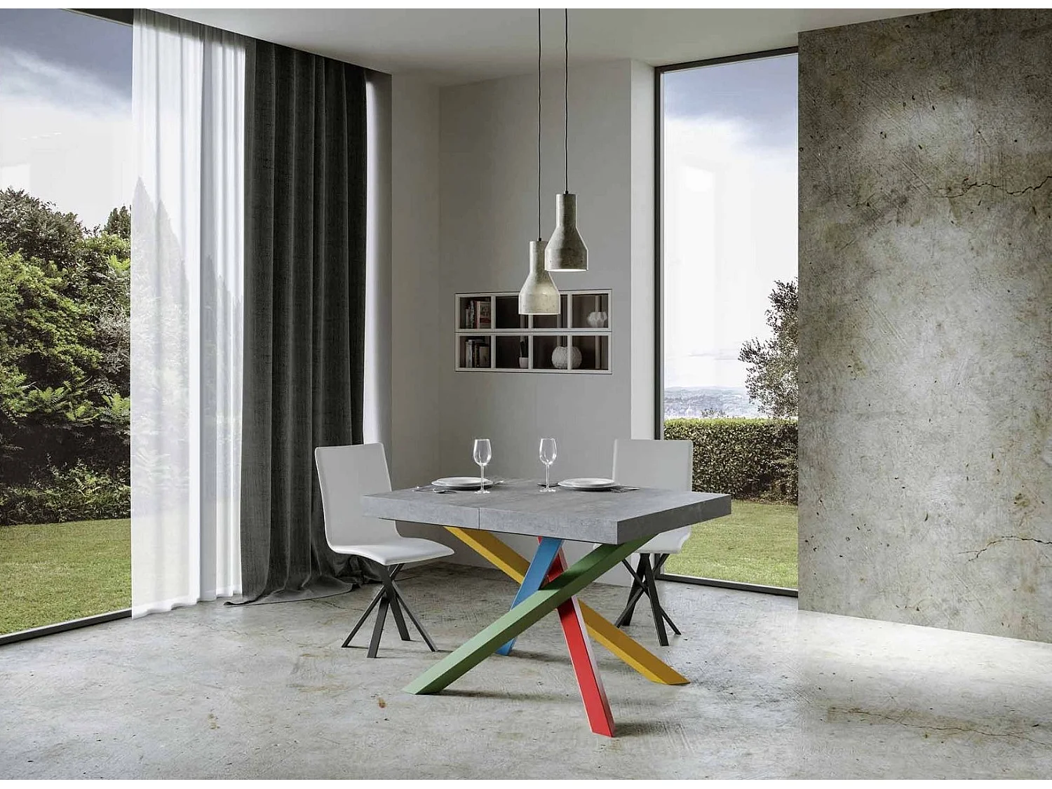 Table extensible design avec pieds entrelacés multicouleurs Artemis-Couleur Gris ciment-130 à 234cm