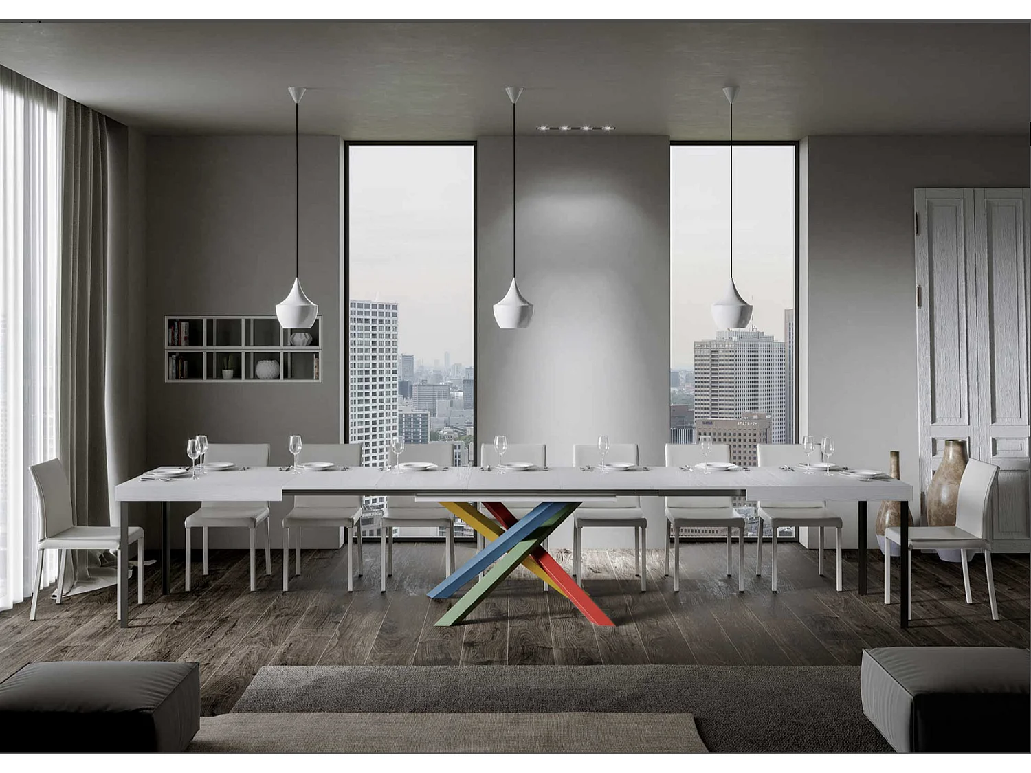 Table extensible design avec pieds entrelacés multicouleurs Artemis-Couleur Gris ciment-130 à 234cm