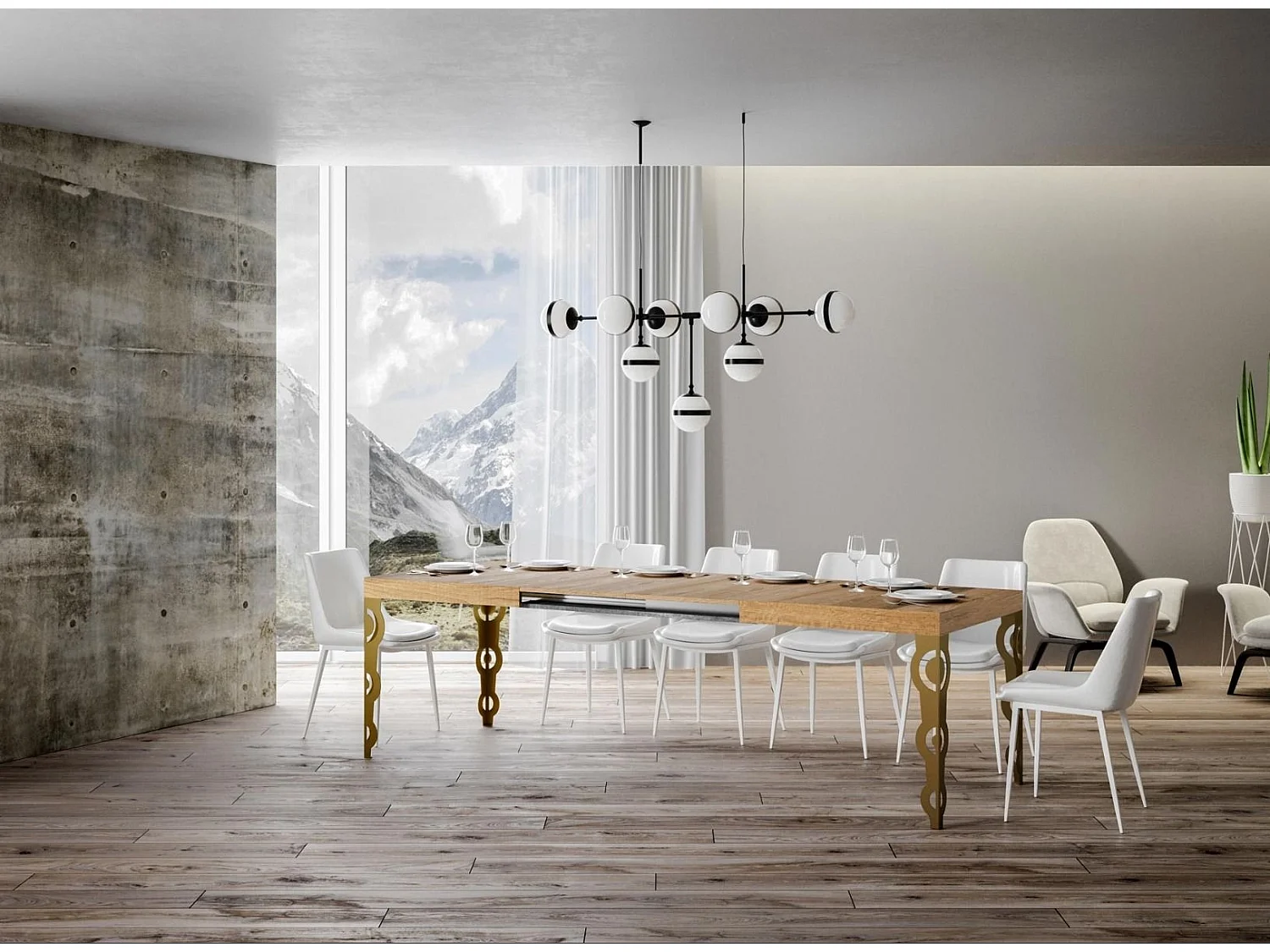 Table rectangulaire extensible orientale 6 à 18 personnes L 130 à 390cm bois clair et pieds métal doré Kazay