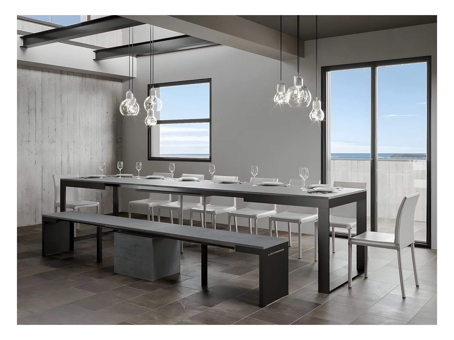 Table extensible 180 à 440cm gris béton et métal anthracite Likro-Support 4 pieds