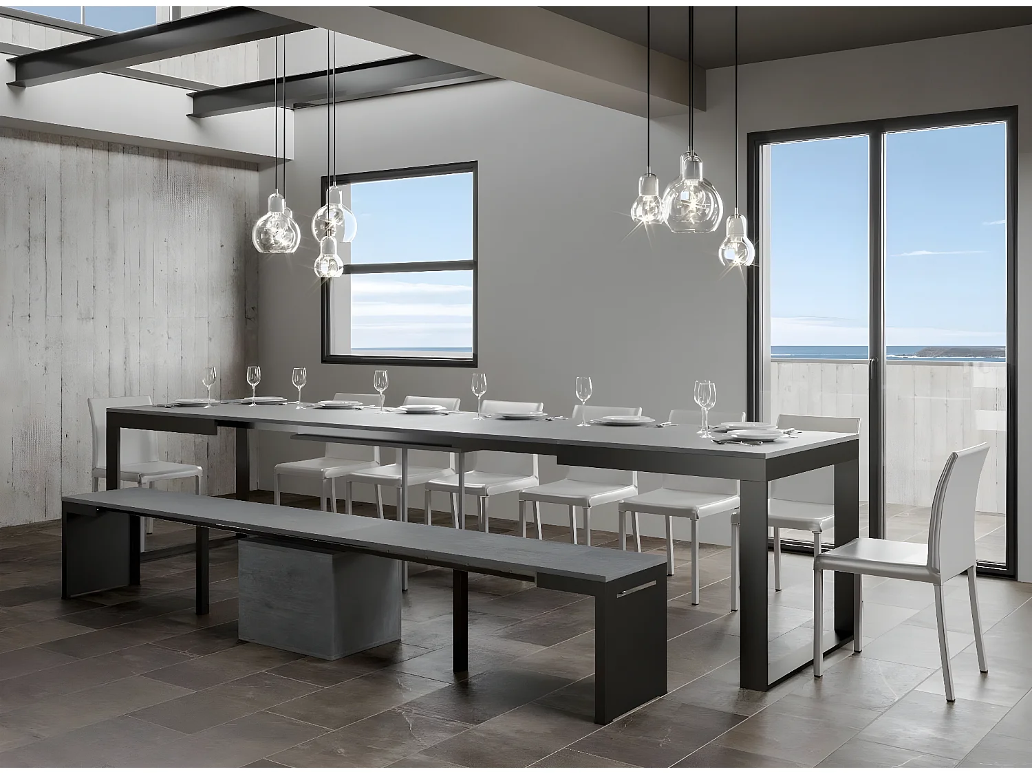 Table extensible 180 à 440cm gris béton et métal anthracite Likro-Support 4 pieds