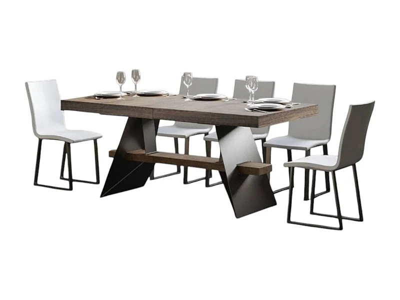 Table à rallonges 8 à 14 places bois foncé et pieds acier gris foncé 180 à 284cm Klaro