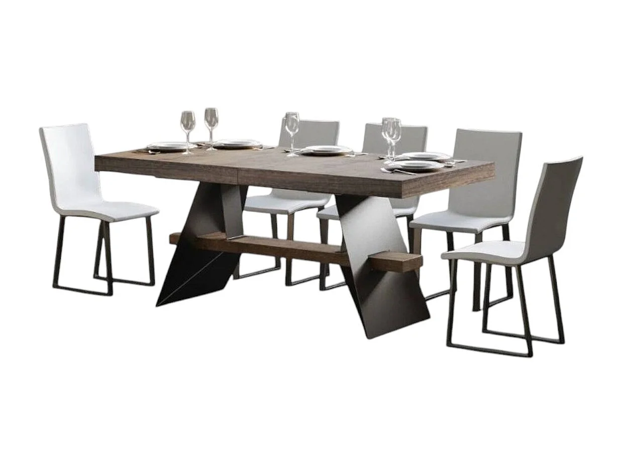 Table à rallonges 8 à 14 places bois foncé et pieds acier gris foncé 180 à 284cm Klaro