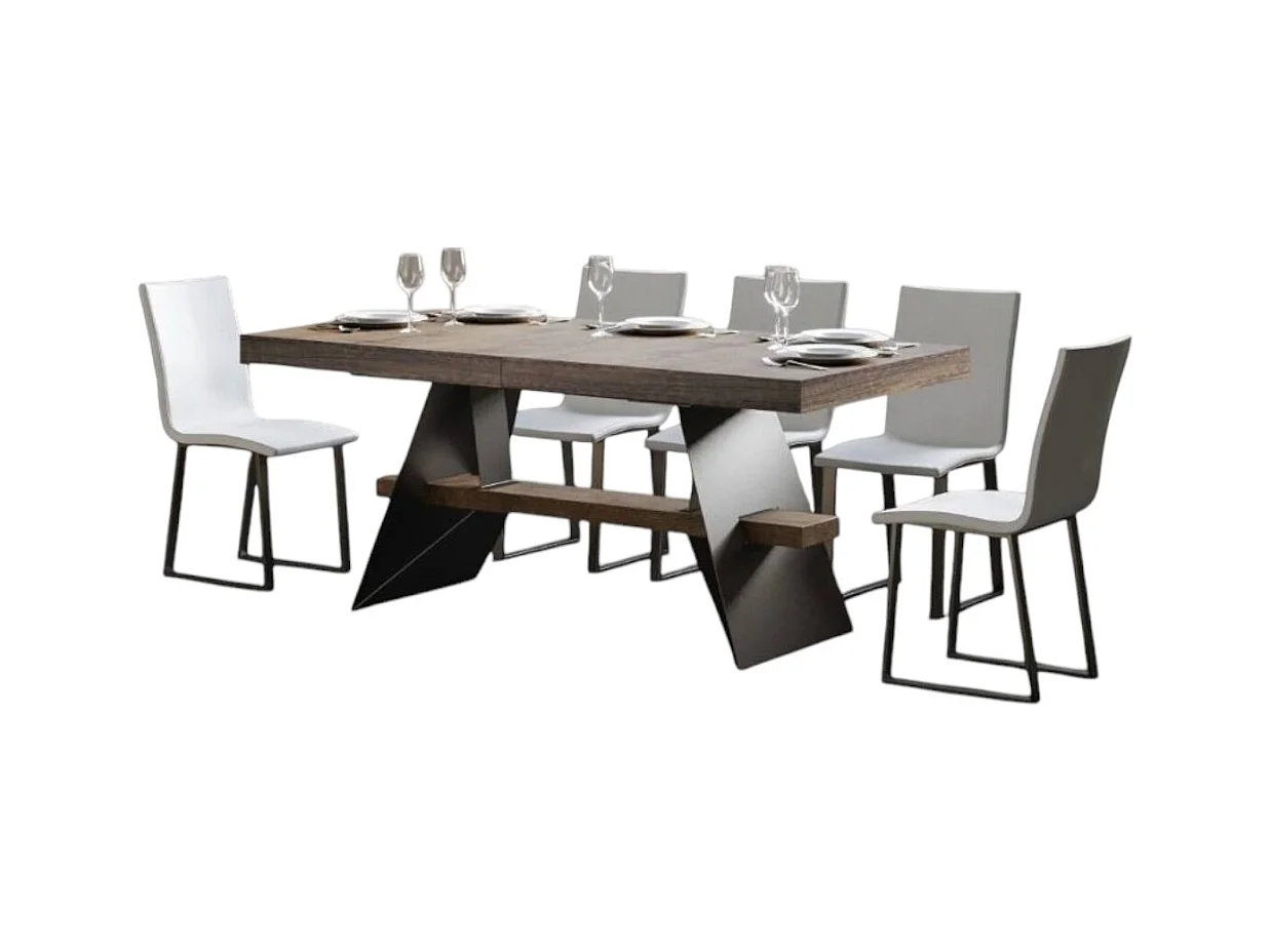 Uitschuifbare tafel 8 tot 14 plaatsen donker hout en donkergrijze stalen poten 180 tot 284 cm Klaro