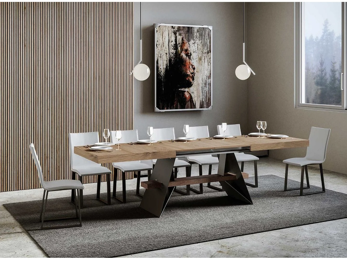 Table à rallonges 8 à 14 places bois clair et pieds acier gris foncé 180 à 284cm Klaro