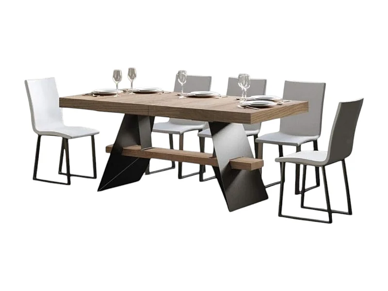 Table à rallonges 8 à 14 places bois clair et pieds acier gris foncé 180 à 284cm Klaro