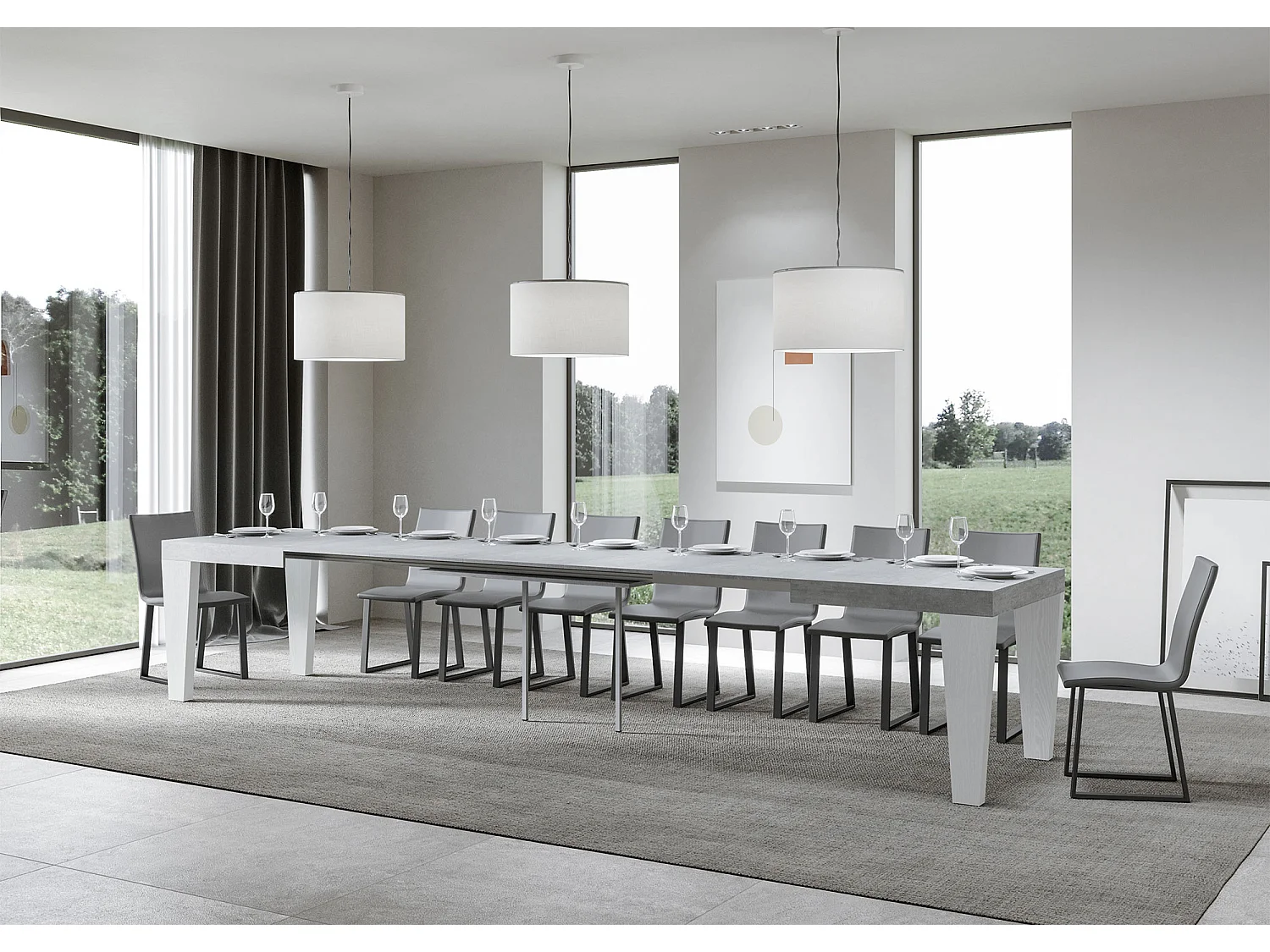 Table extensible bois gris béton et pieds bois blanc 6 à 20 places Kristo 160 à 420cm-4 pieds