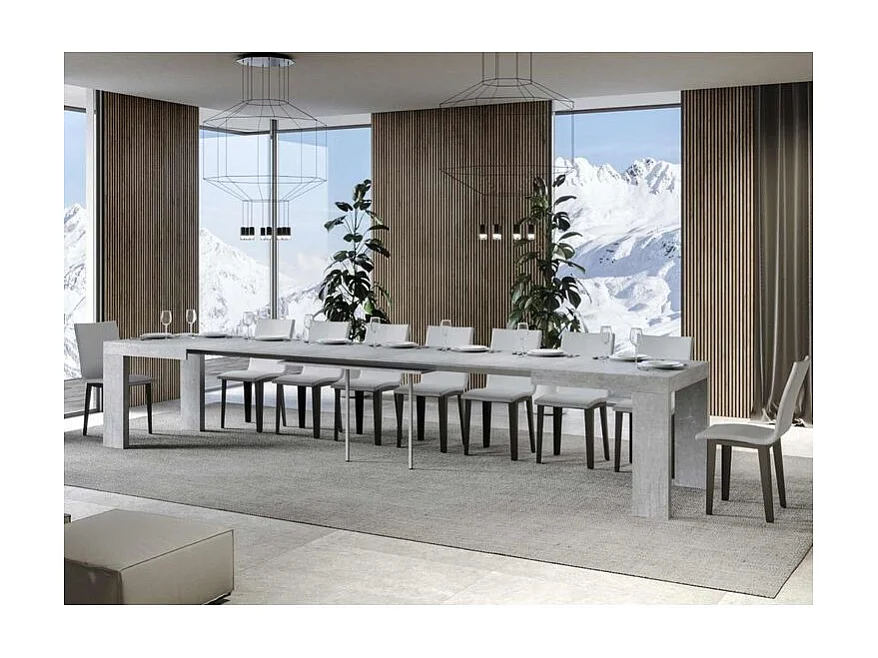 Table à manger extensible bois Ribo-Couleur Gris ciment-Sur roulettes-5 rallonges fines-180 à 440cm