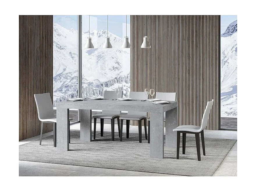 Table à manger extensible bois Ribo-Couleur Gris ciment-Sur roulettes-5 rallonges fines-180 à 440cm