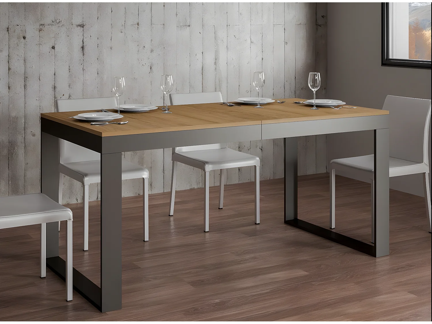 Mesa moderna extensible de 6 a 20 plazas 180 a 440 cm estructura de madera clara y metal antracita Tiroz-Base y soporte con ruedas