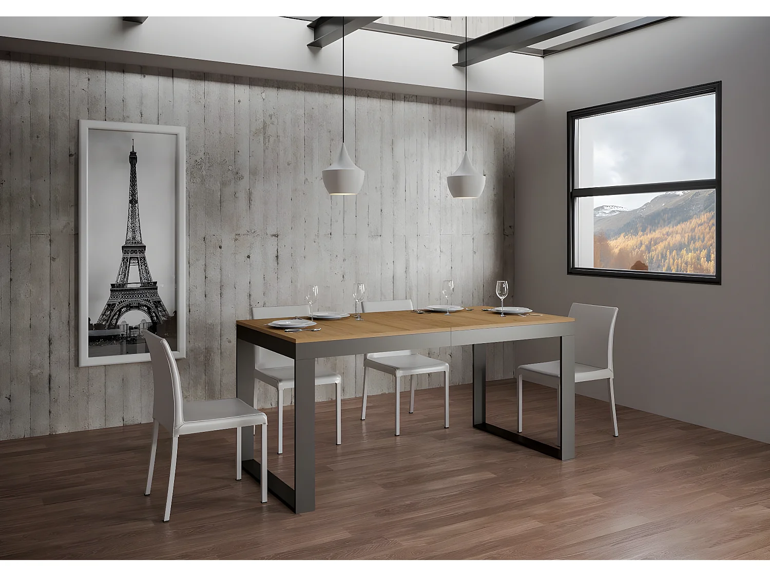 Mesa moderna extensible de 6 a 20 plazas 180 a 440 cm estructura de madera clara y metal antracita Tiroz-Base y soporte con ruedas