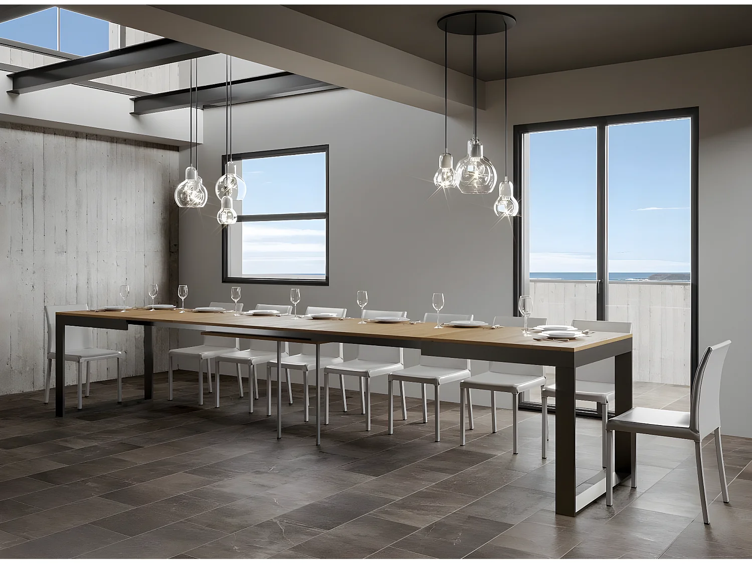 Table extensible 180 à 440cm bois clair et métal anthracite Likro-Pied et support sur roulettes