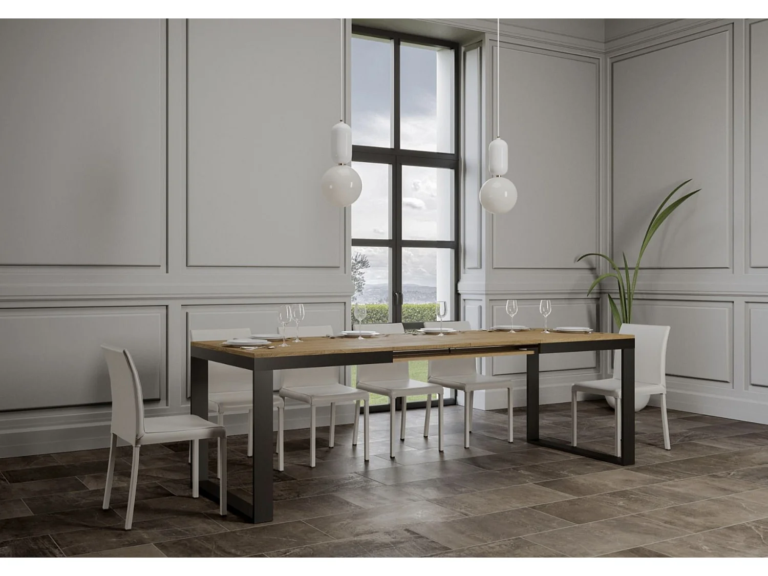 Table à manger extensible Tiroz evolution-Naturel-Sur roulettes-180 à 440 cm