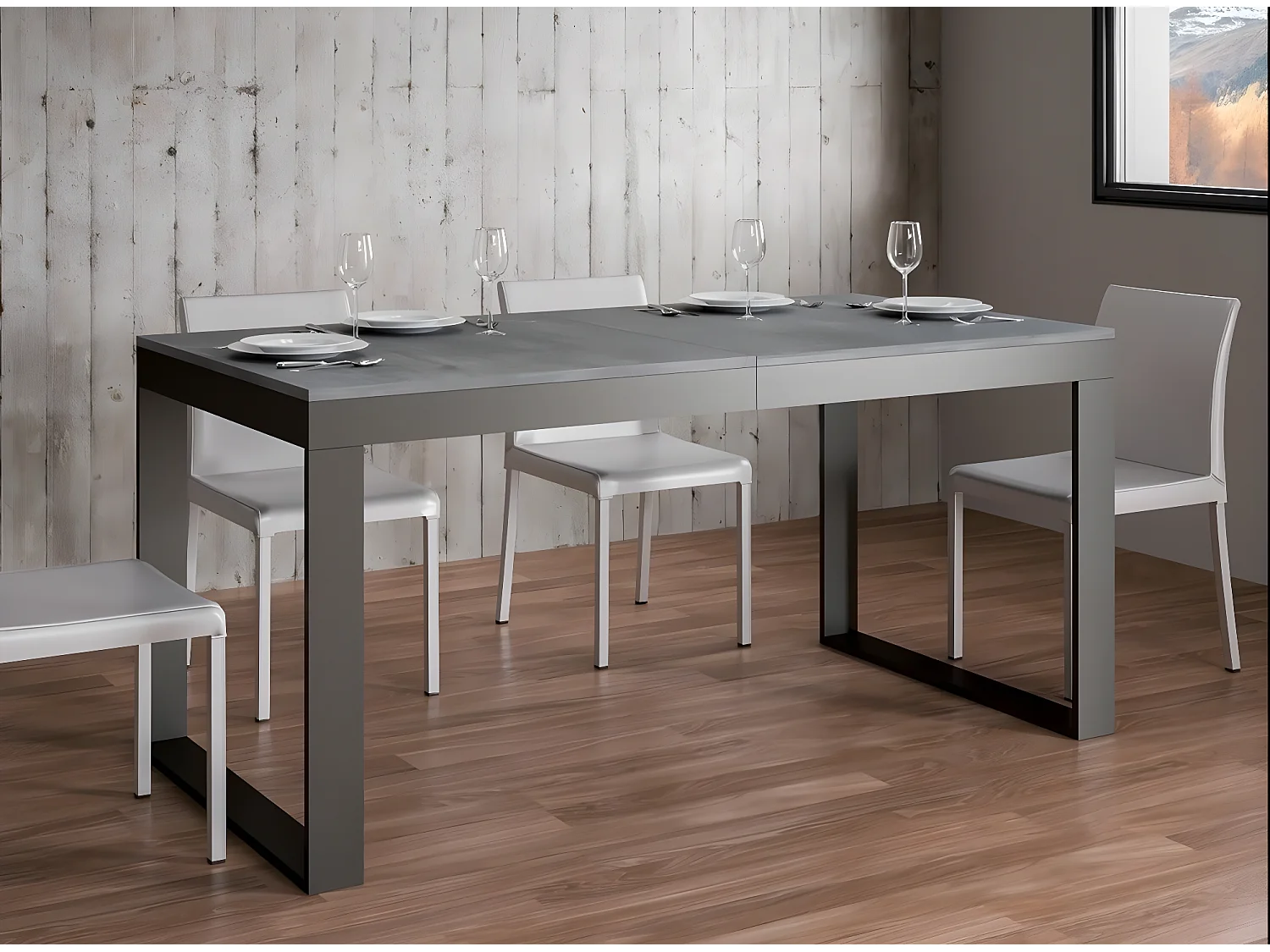 Moderna mesa extensible de 6 a 20 plazas de 180 a 440 cm de ancho Estructura de metal gris hormigón y antracita Tiroz-Base y soporte con ruedas