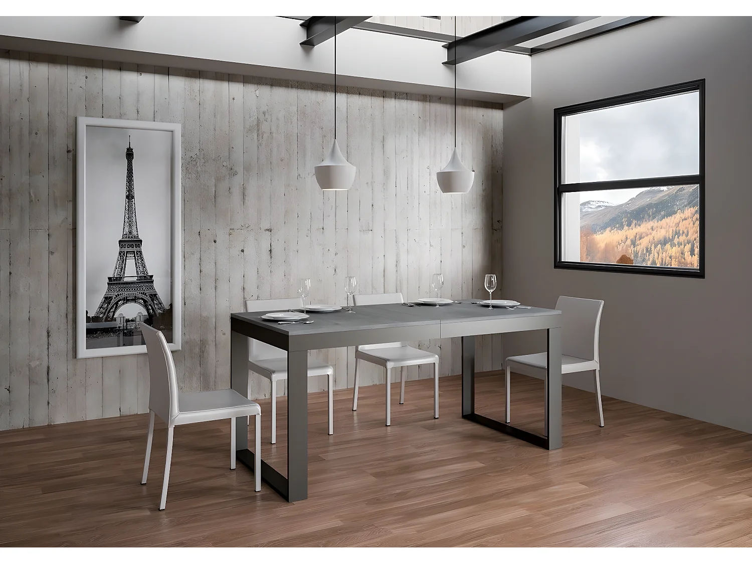 Table extensible 180 à 440cm gris béton et métal anthracite Likro-Pied et support sur roulettes