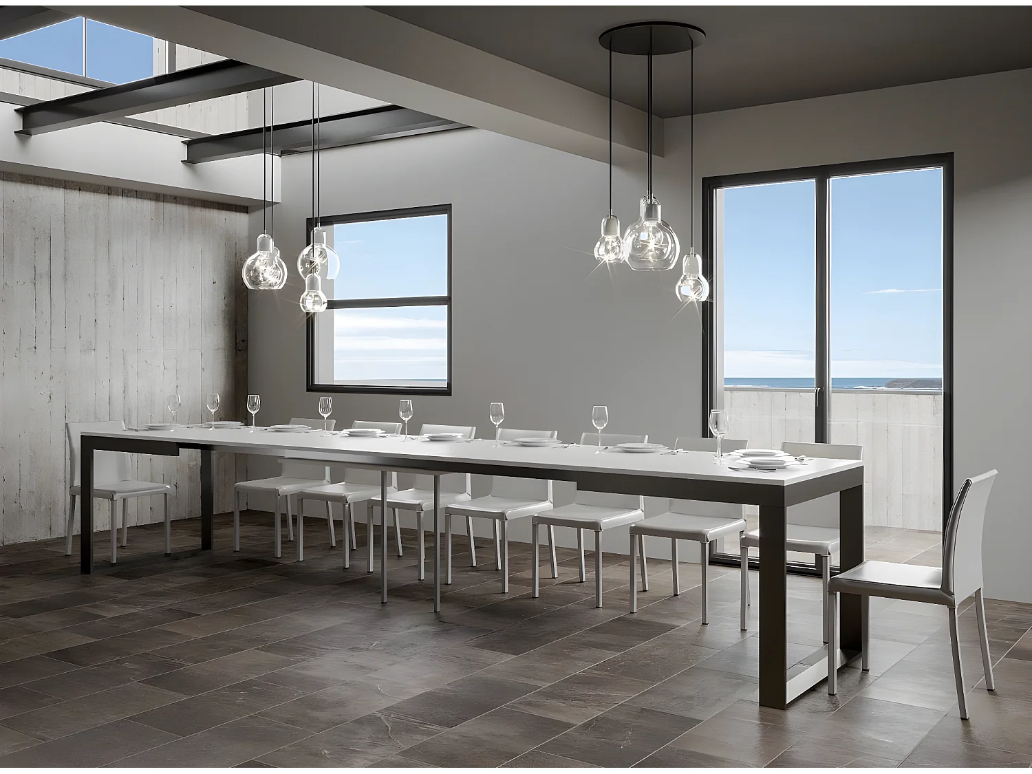 Table extensible 180 à 440cm blanche et métal anthracite Likro-Pied et support sur roulettes