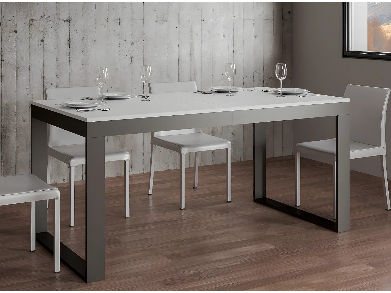 Table extensible 180 à 440cm blanche et métal anthracite Likro-Pied et support sur roulettes