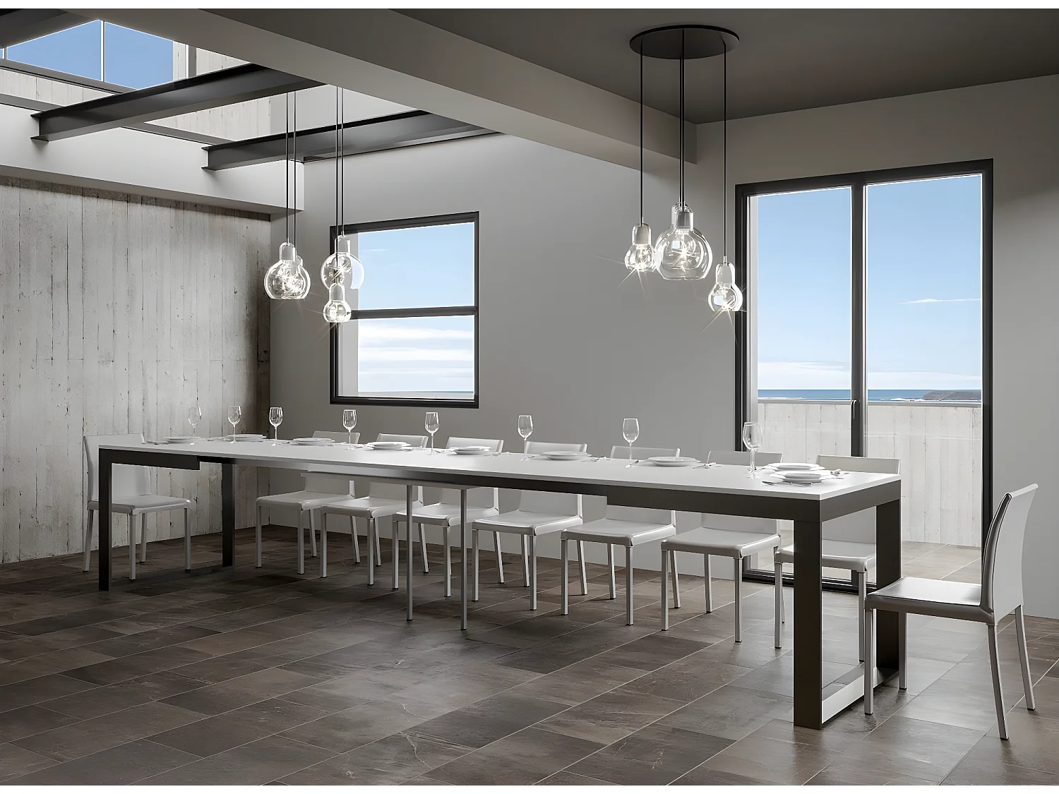 Table extensible 180 à 440cm blanche et métal anthracite Likro-Pied et support sur roulettes