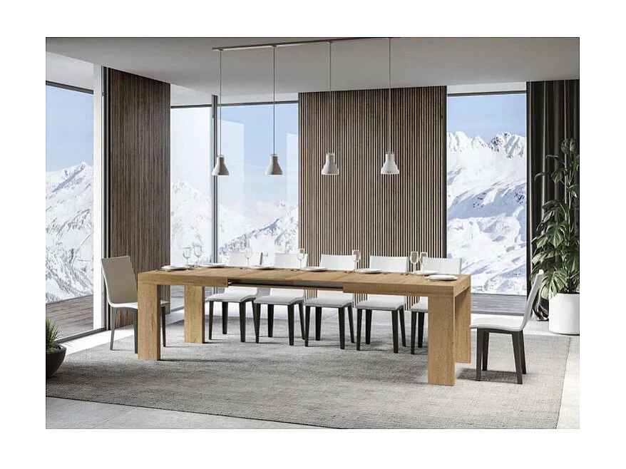 Table à manger extensible bois Ribo-Couleur Naturel-Sur roulettes-2 rallonges fines-180 à 284cm