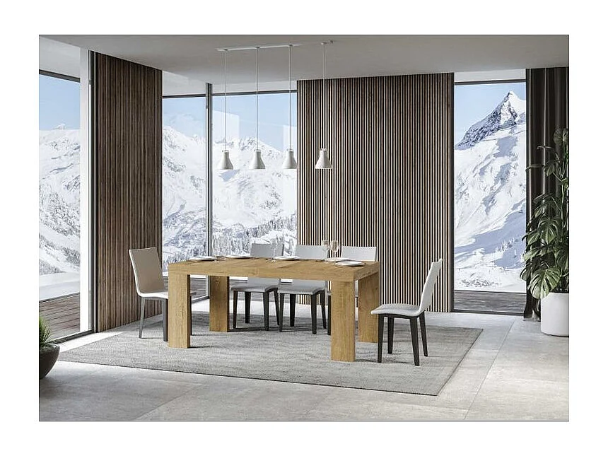 Table à manger extensible bois Ribo-Couleur Naturel-Sur roulettes-2 rallonges fines-180 à 284cm