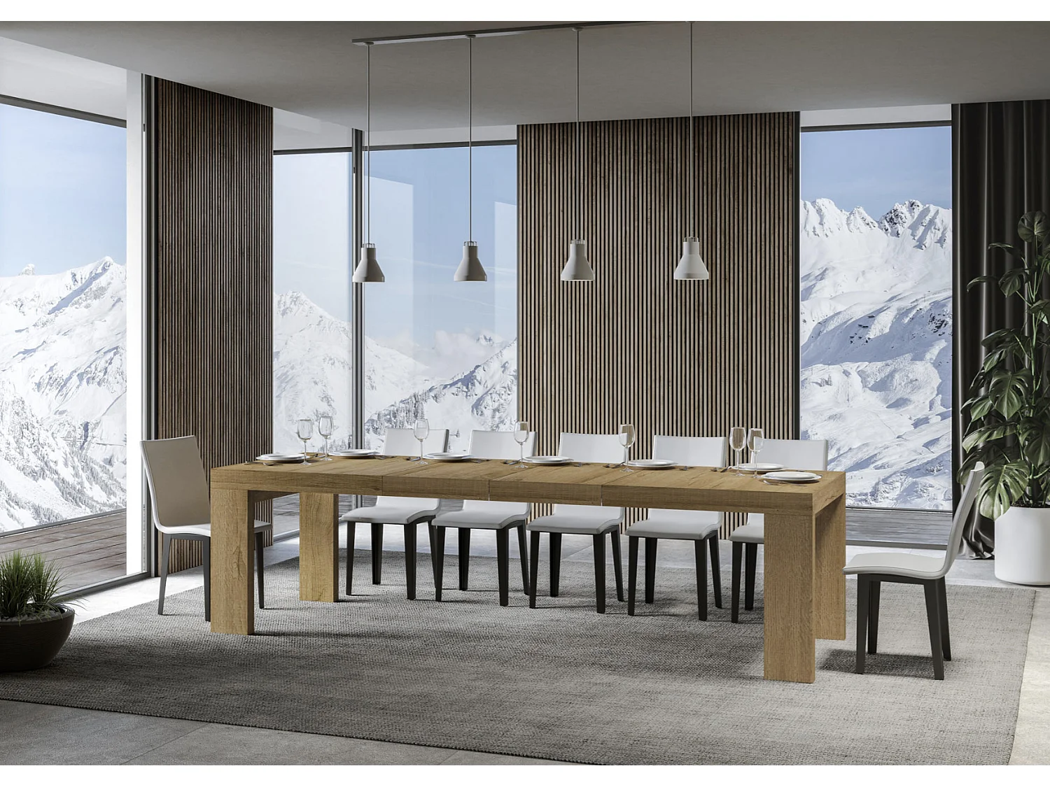 Table à manger extensible bois Ribo-Couleur Naturel-Sur roulettes-2 rallonges fines-180 à 284cm