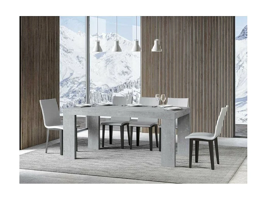 Table à manger extensible bois Ribo-Couleur Gris ciment-4 pieds-2 rallonges fines-160 à 264cm