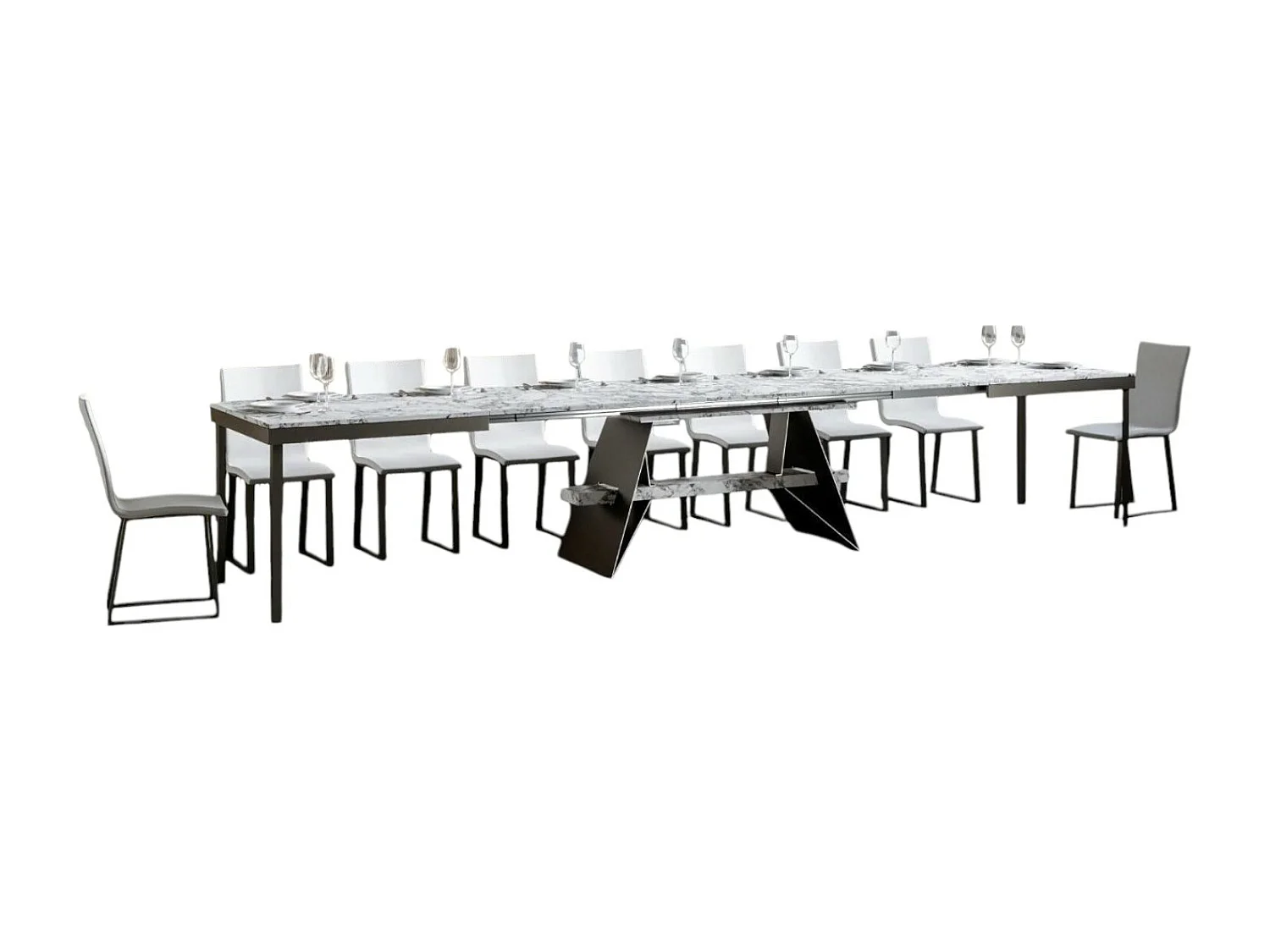 Table à rallonges 6 à 20 places blanc effet marbre avec un cadre et des pieds acier gris foncé 160 à 420cm Borys