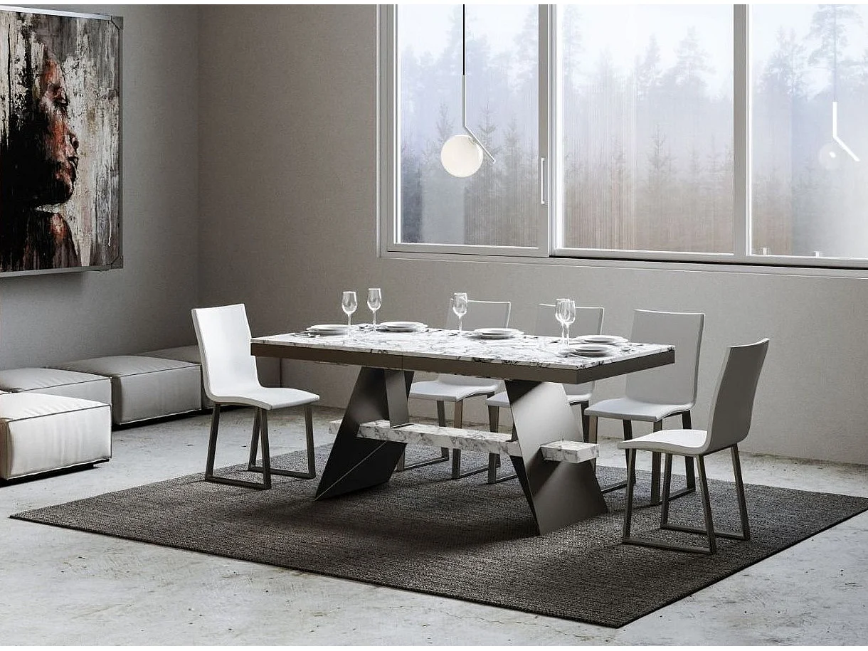 Table à rallonges 6 à 20 places blanc effet marbre avec un cadre et des pieds acier gris foncé 160 à 420cm Borys